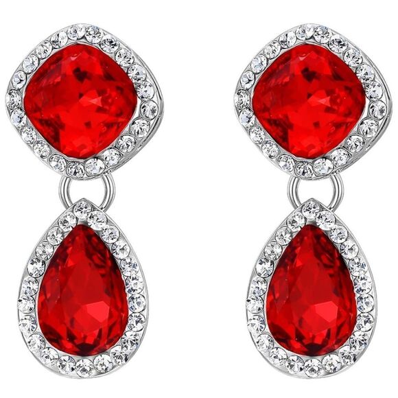 Silver with Ruby Red and Diamond Austrian Crystal Rhombus Teardrop Post Earrings - Picture 1 of 5